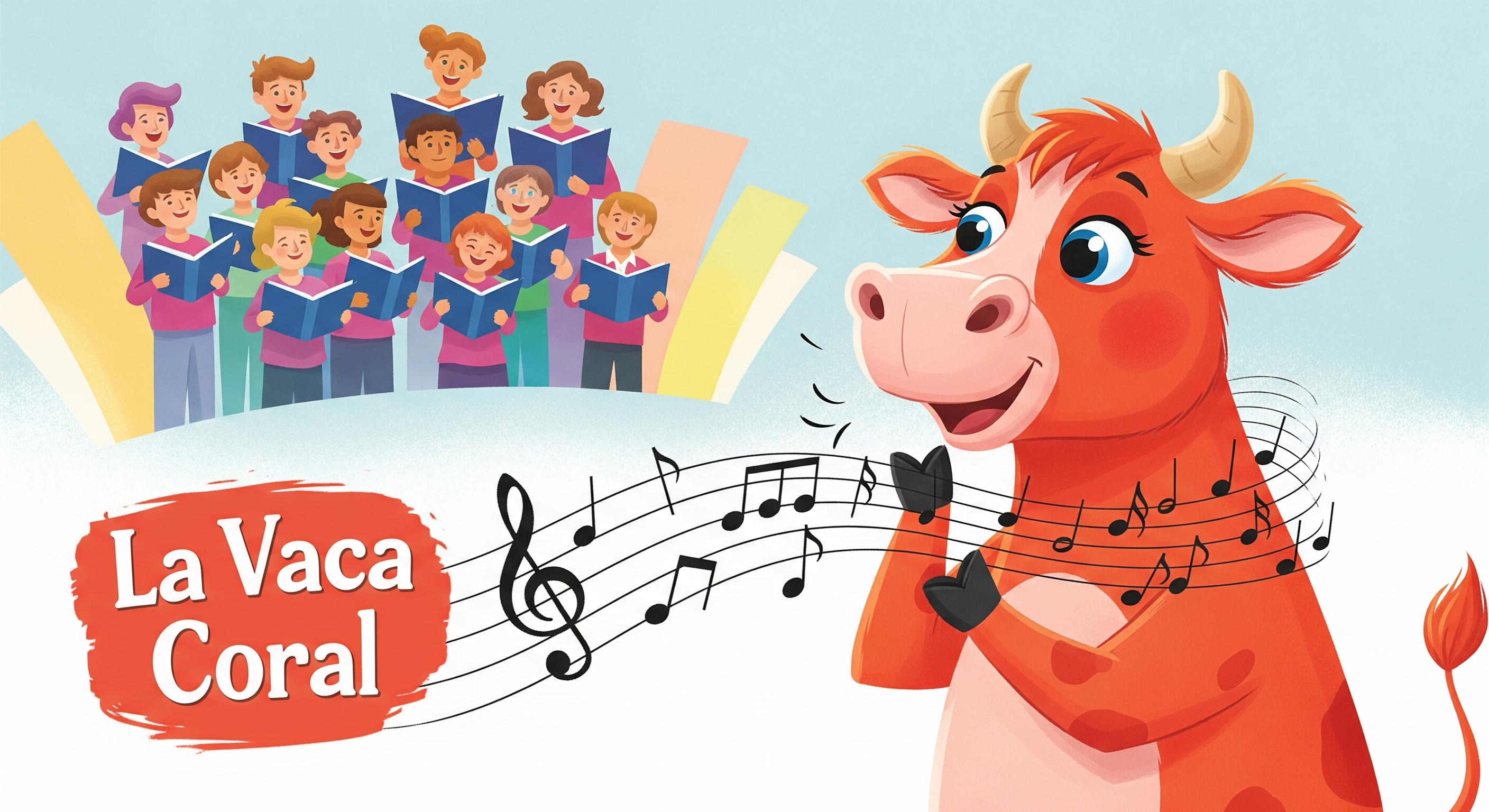 La Vaca Coral, una vaca amigable con colores de vaca, rodeada de notas musicales y elementos que representan el apoyo a la música coral.